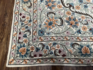Chain Stitched Rug 9x12 Vintage Carpet 9 x 12 Flatweave Rug, Ivory Teal Rug, Area Rug 9 by 12, Hand Stitched Rug, Medallion, Indian Rug