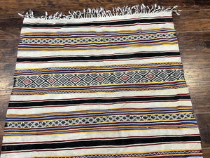 South American Kilim Rug 4x7 ft, Wool Handmade Vintage Carpet, Ivory Black Multicolor Stripes, Bohemian Blanket Rug, Flatweave Area Rug