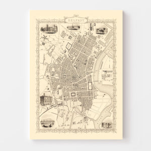 Vintage Map of Belfast, United Kingdom 1851