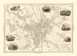Vintage Map of Bradford & Yorkshire, United Kingdom 1851