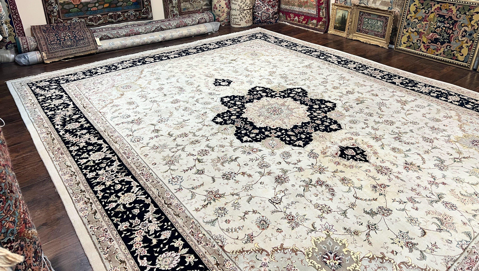 Sino Persian Rug 12x15, Ivory and Black, Floral Medallion Carpet, Large Palace Size Oriental Rug, Wool and Silk Highlights, Vintage Rug