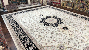 Sino Persian Rug 12x15, Ivory and Black, Floral Medallion Carpet, Large Palace Size Oriental Rug, Wool and Silk Highlights, Vintage Rug