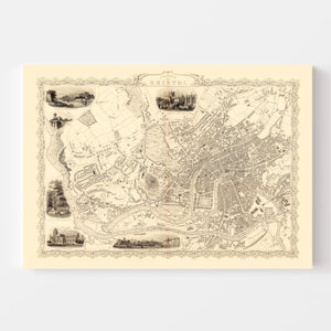 Vintage Map of Bristol & Clifton, United Kingdom 1851