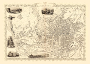Vintage Map of Bristol & Clifton, United Kingdom 1851