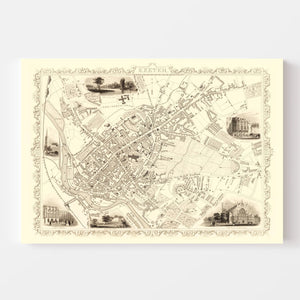 Vintage Map of Exeter, United Kingdom 1851