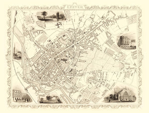 Vintage Map of Exeter, United Kingdom 1851