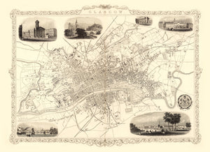 Vintage Map of Glasgow, Scotland 1851