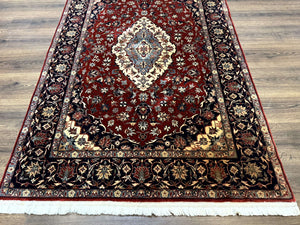 Sino Persian Rug 4x6, Traditional Wool Hand Knotted Carpet, Red Navy Blue, 225 KPSI