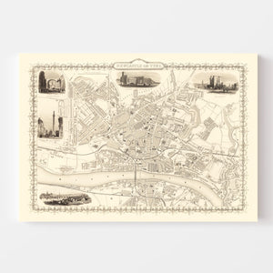 Vintage Map of Newcastle on Tyne, United Kingdom 1851