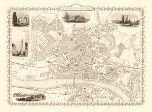 Vintage Map of Newcastle on Tyne, United Kingdom 1851