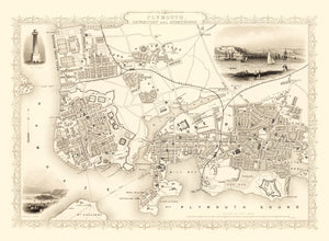 Vintage Map of Plymouth, United Kingdom 1851