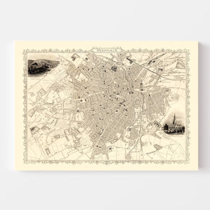 Vintage Map of Sheffield, United Kingdom 1851