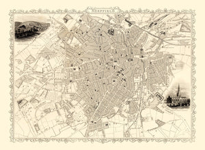 Vintage Map of Sheffield, United Kingdom 1851