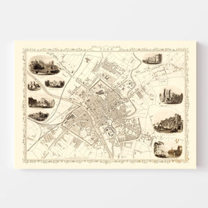 Vintage Map of York, United Kingdom 1851