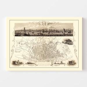 Vintage Map of Liverpool, United Kingdom 1851