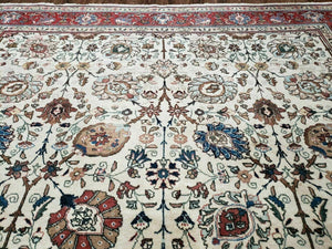 Antique Persian Tabriz Rug 9x12, Hand Knotted Oriental Carpet 9 x 12 ft, Vintage Wool Room Sized Rug, Cream and Red, Floral Allover Handmade Rug