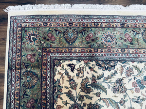 Indo Persian Rug 9x12, Allover Floral Pattern, Ivory & Green, Traditional Oriental Carpet