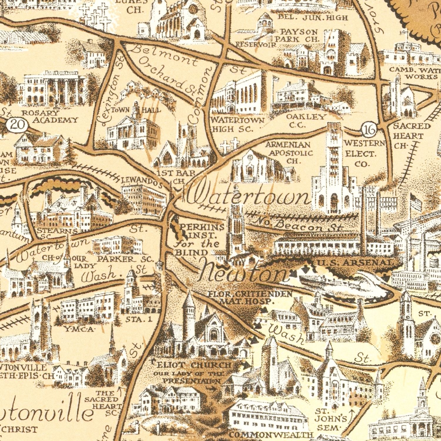 Vintage Pictorial Map of Boston, MA 1938