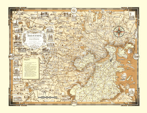 Vintage Pictorial Map of Boston, MA 1938