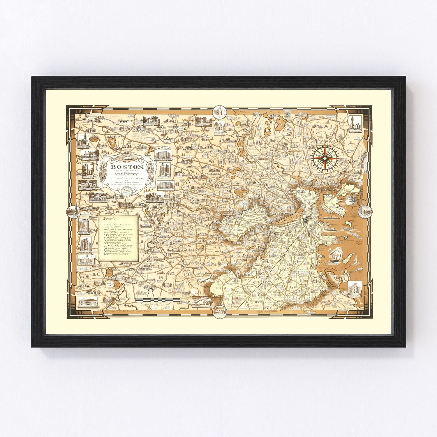Vintage Pictorial Map of Boston, MA 1938