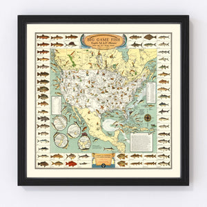 Vintage Map of Big Game Fish of America 1936