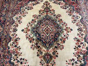 Persian Rug 9x10, Hamadan Rug, Antique Oriental Carpet, Wool Rug, Semi Open Field, Cream and Navy Blue, Kirman Design Hand Knotted Almost Square Rug