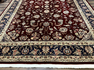 Sino Persian Rug 9x11, Burgundy and Navy Blue, Fine 200 KPSI, Floral Allover