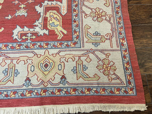 Indo Heriz Flatweave Rug 10x14, Indian Large Room Sized Carpet 10 x 14 ft, Red Green Floral Allover, Wool Handmade Vintage Oriental Rug