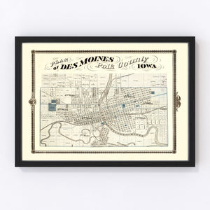 Vintage Map of Des Moines, Iowa 1875