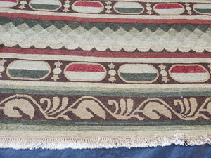 Large Vintage Striped Rug, Handmade, Earth Tone Decor, Beiges Slate Gray Dark Red, Flatweave Indian Striped Carpet, Indian Kilim 10x14, Wool