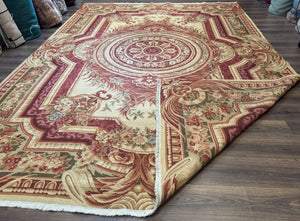 Large Aubusson Rug 10x13, Thick Flatweave Carpet, Elegant European Design, Cream and Raspberry