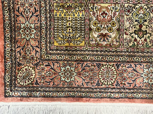 Magnificent Persian Silk Rug 3.7 x 5, Persian Qum Rug, Panel Design, Kheshti Garden, Extremely Fine 650 KPSI - 70 Raj, Hand Knotted, Vintage, Multicolor