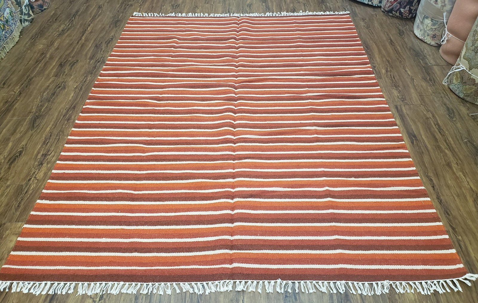 Large Striped Woolen Handmade Throw Blanket, Twin Size Bedding Hand-Woven, Indian Kilim Area Rug, 6x8 - 7x8, South American Style Textile