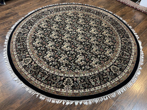 Round Oriental Rug 8x8 ft, William Morris Floral Pattern Carpet, 8 x 8 ft Round Rug, Black Cream and Tan 8ft Round Handmade Indo Persian Rug