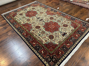 Wonderful Sino Persian Rug 6x10 with Animal Pictorial Motifs, Cream Dark Red Navy Blue, Birds Gazelles, Two Medallions, Top Quality Handmade