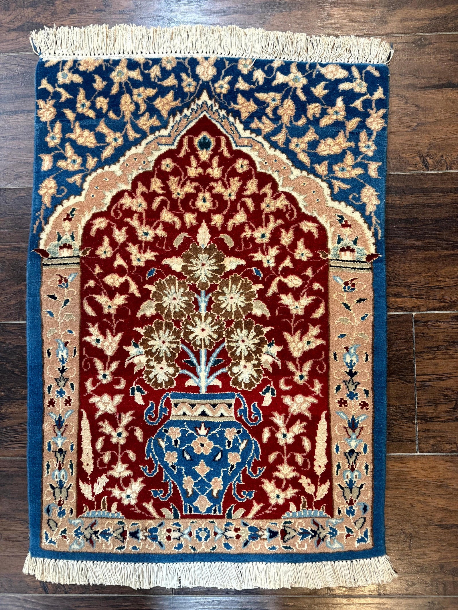 Small Persian Nain Rug, Persian Vase Tree of Life Design, Red and Blue, Very Fine 260 KPSI, Wool and Silk Highlights