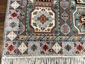 Moroccan Rug 7x8, Wool Hand Knotted Vintage Carpet, Multicolor Panel Design Oriental Rug