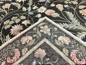 Large Needlepoint Rug 11x16, Dark Green Floral Elegant European Design Vintage Wool Handmade Carpet, Palace Size Rug