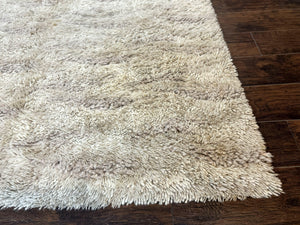 European Rya Shag Rug 6.6 x 9.7, Beige, Fluffy Vintage Area Rug