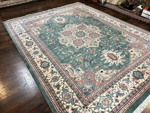 Indo Heriz Rug 9x12, Geometric Oriental Carpet, Room Sized Wool Handmade Hand Knotted Vintage Green and Cream Area Rug, Indian Rug 9 x 12