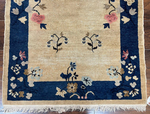 Antique Chinese Peking Rug 3x6, Beige and Dark Blue Hand Knotted Handmade Asian Oriental Carpet, Floral Vases, Vintage Wool Art Deco Rug