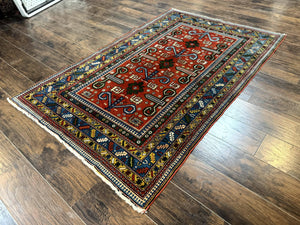 Colorful Persian Ardabil Rug 4x7, Red Blue Gold, Geometric Caucasian Design, Vintage