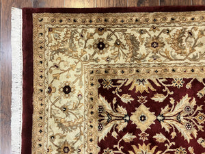 Vintage Indo Mahal Rug 8x10, Hand Knotted Wool Maroon & Beige Indian Agra Oriental Carpet, 8x10 ft Traditional Handmade Area Rug, Room Sized