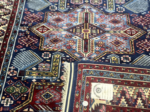 Indian Rug with Caucasian Design, 4x6 Geometric Carpet, Navy Blue and Cream