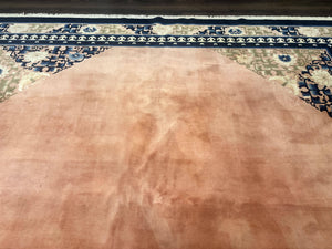 Chinese Wool Rug 11x18, Palace Sized Chinese Carpet, Peking Rug, Peach and Blue, Open Field, Simple Design, Art Deco Rug, Large Handmade Rug