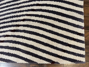 Vintage Zebra Stripes Shag Rug 5.7 x 7.4, Black and White, Retro, Wool