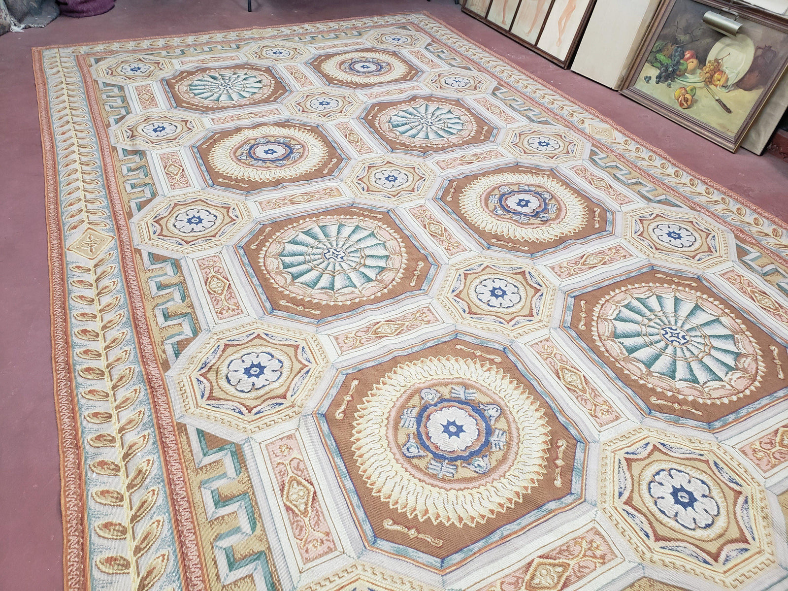 New Chinese Needlepoint Rug 8x14 - 9x14, French European Panel Design, Elegant Dining Room Rug, Flatweave Hand Woven Carpet, Handmade, Wool