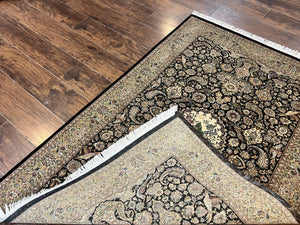 Pak Persian Rug 4x6, Wool Hand Knotted Vintage Carpet, Black & Olive Green, Bird Pictorials, Floral Fine Oriental Rug