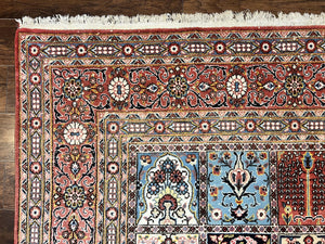 Persian Qum Rug 9x13, Multicolor Panel Design, Red Blue Cream, Hand Knotted Vintage Large Wool Rug
