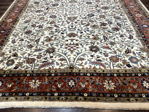 Indo Persian Rug 9x12, Ivory and Red, Traditional Wool Oriental Carpet